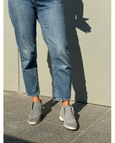 Женские высокие замшевые лоферы в светло-сером цвете (арт. 156-4)